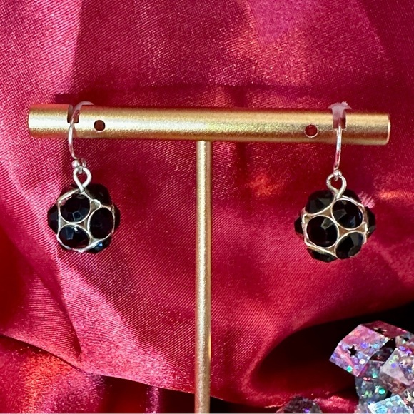 Vintage Black Rhinestone Sphere Dangle Earrings | Sterling Silver Hooks - Picture 3 of 10